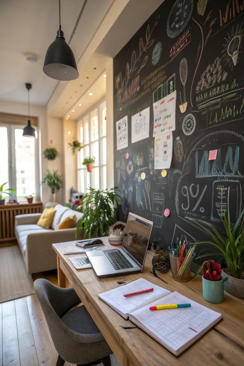 A chalkboard wall offers both creative and practical benefits.
