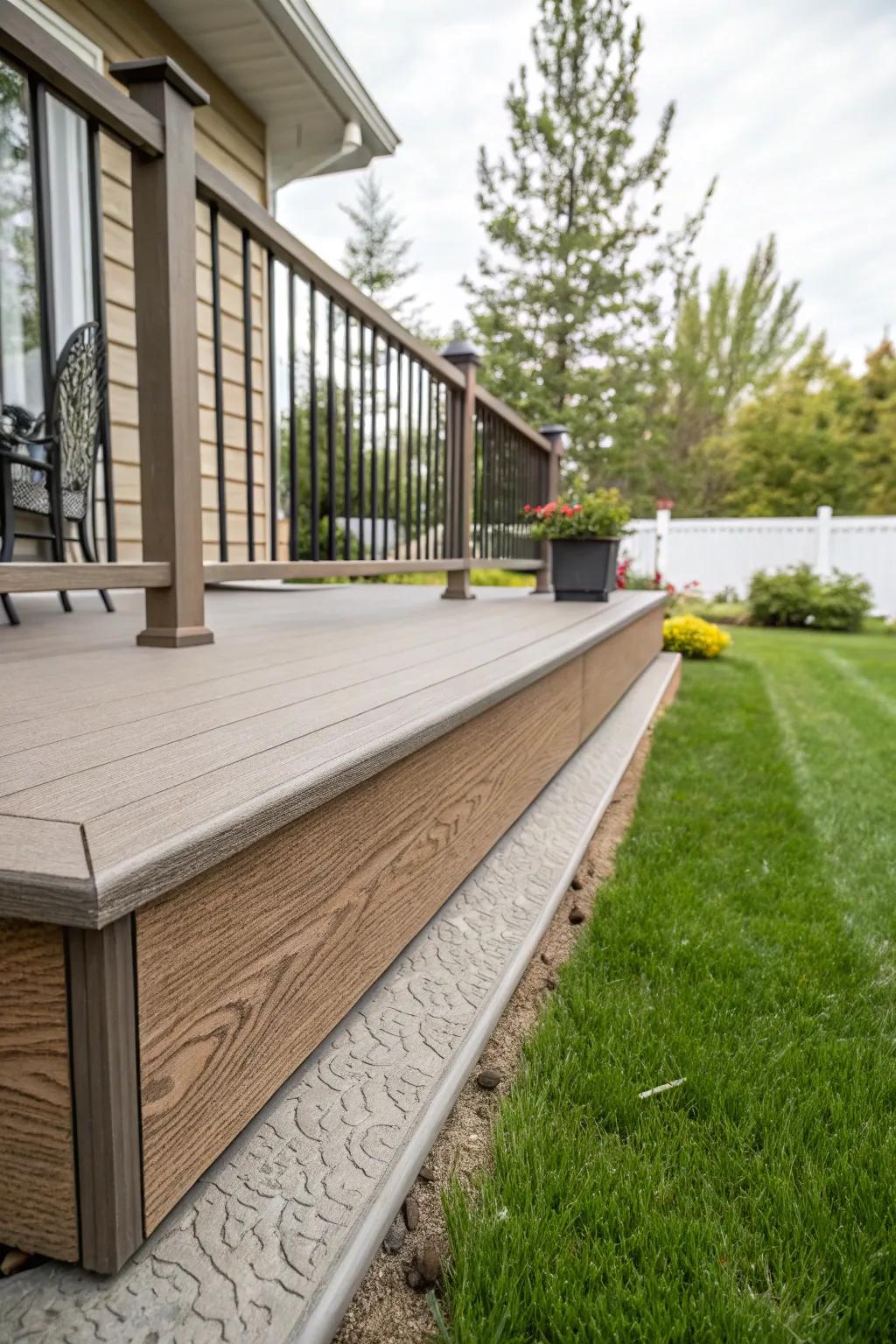 Textured synthetic skirting resembles wood but demands less upkeep.