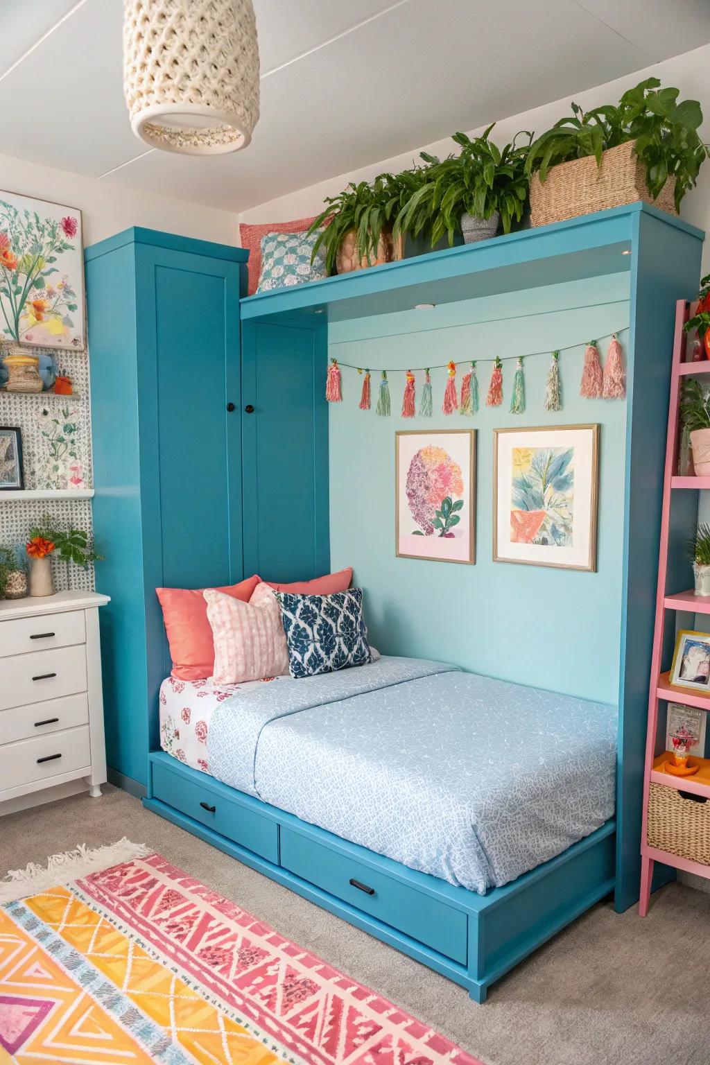 A lively area using a vibrant convertible bed, adding a lively touch to a space.