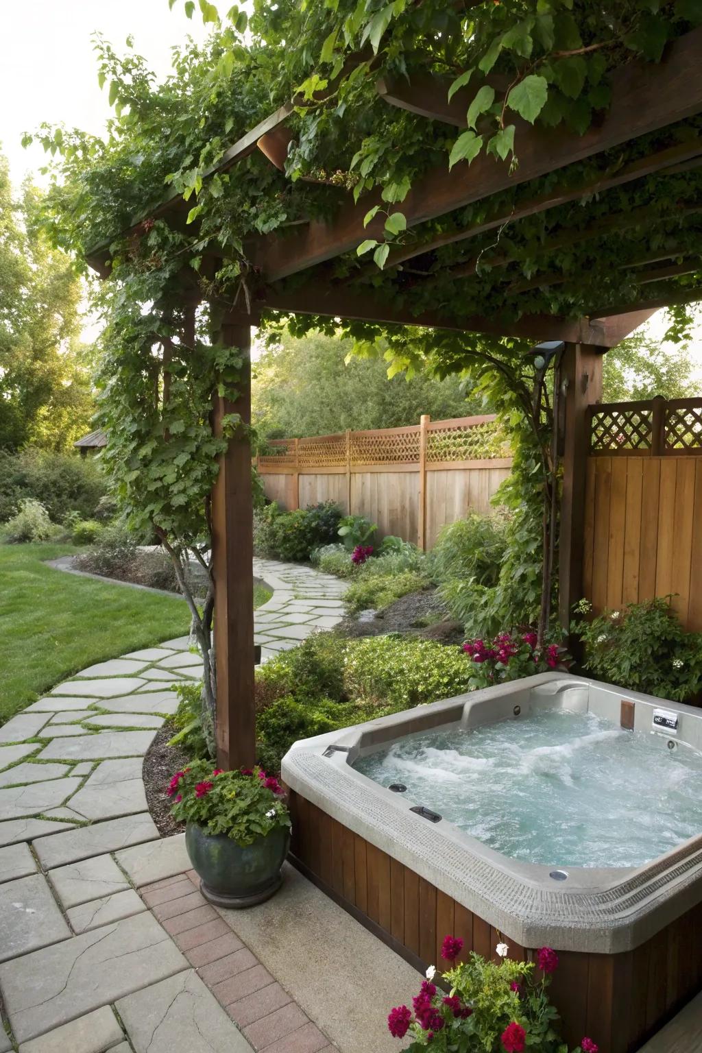 A spa under an arbor for appended flair and shade.