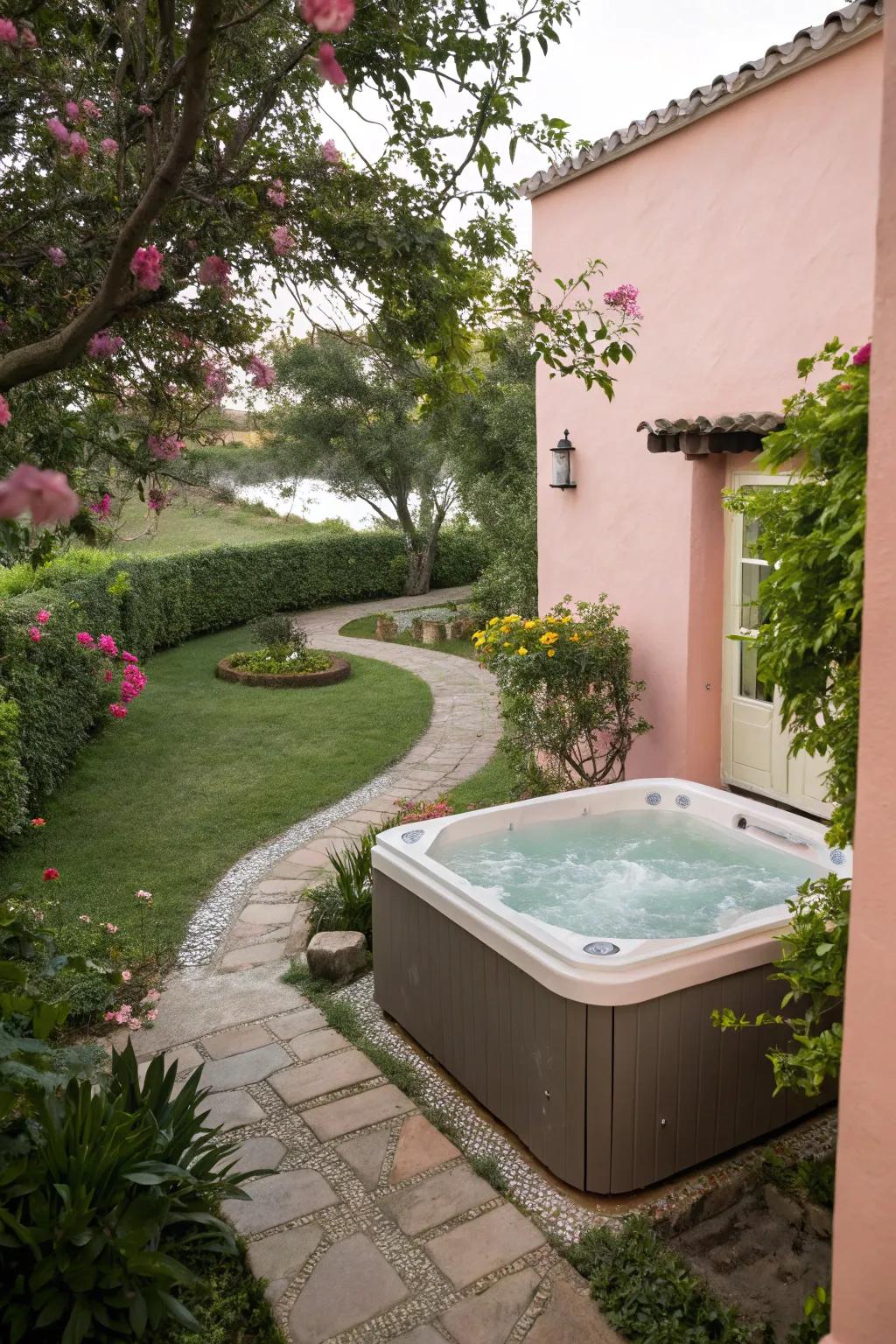 Soft hues create a serene and relaxing hot tub environment.
