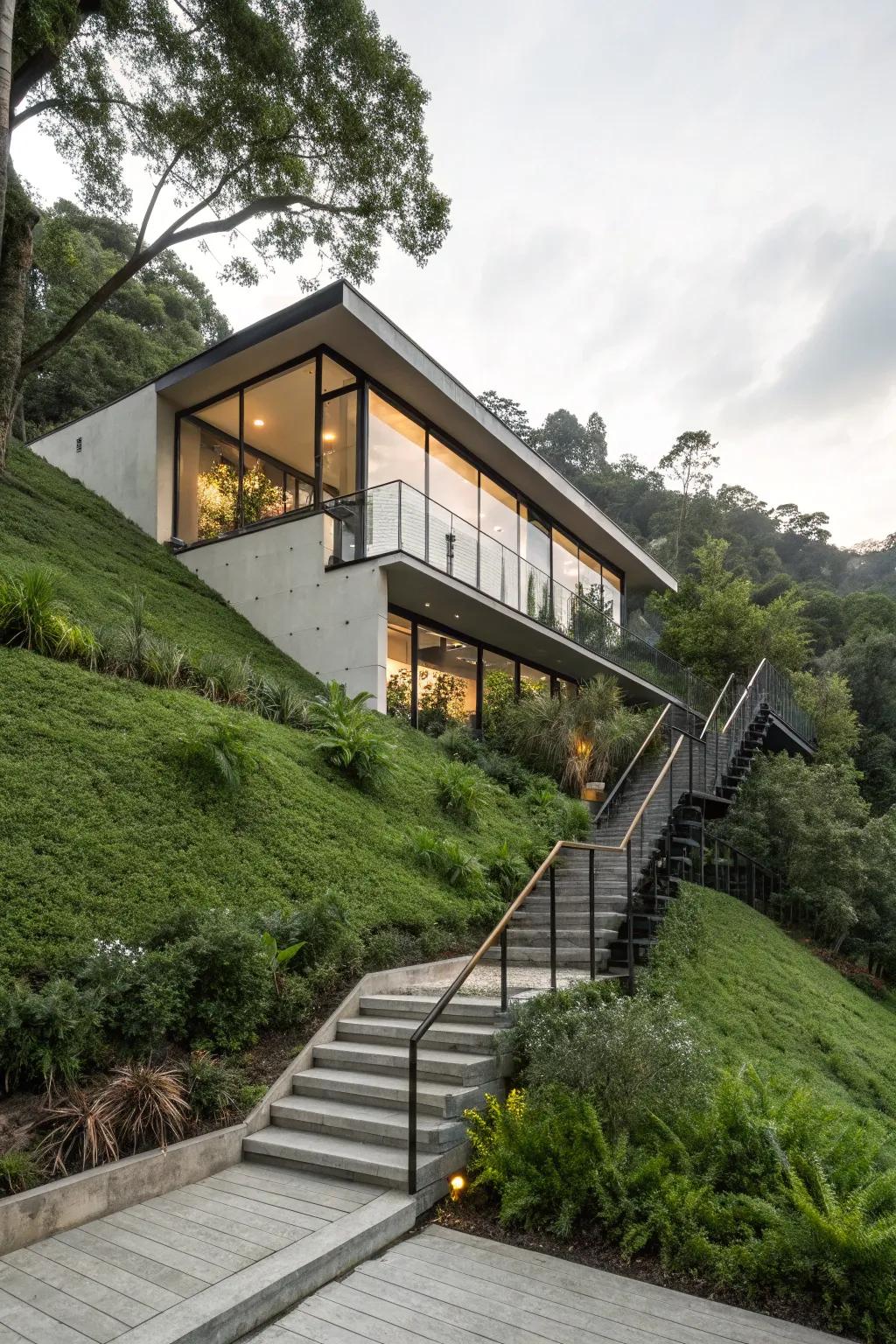 A suspended stairway that elegantly connects different levels of a sloping landscape house.