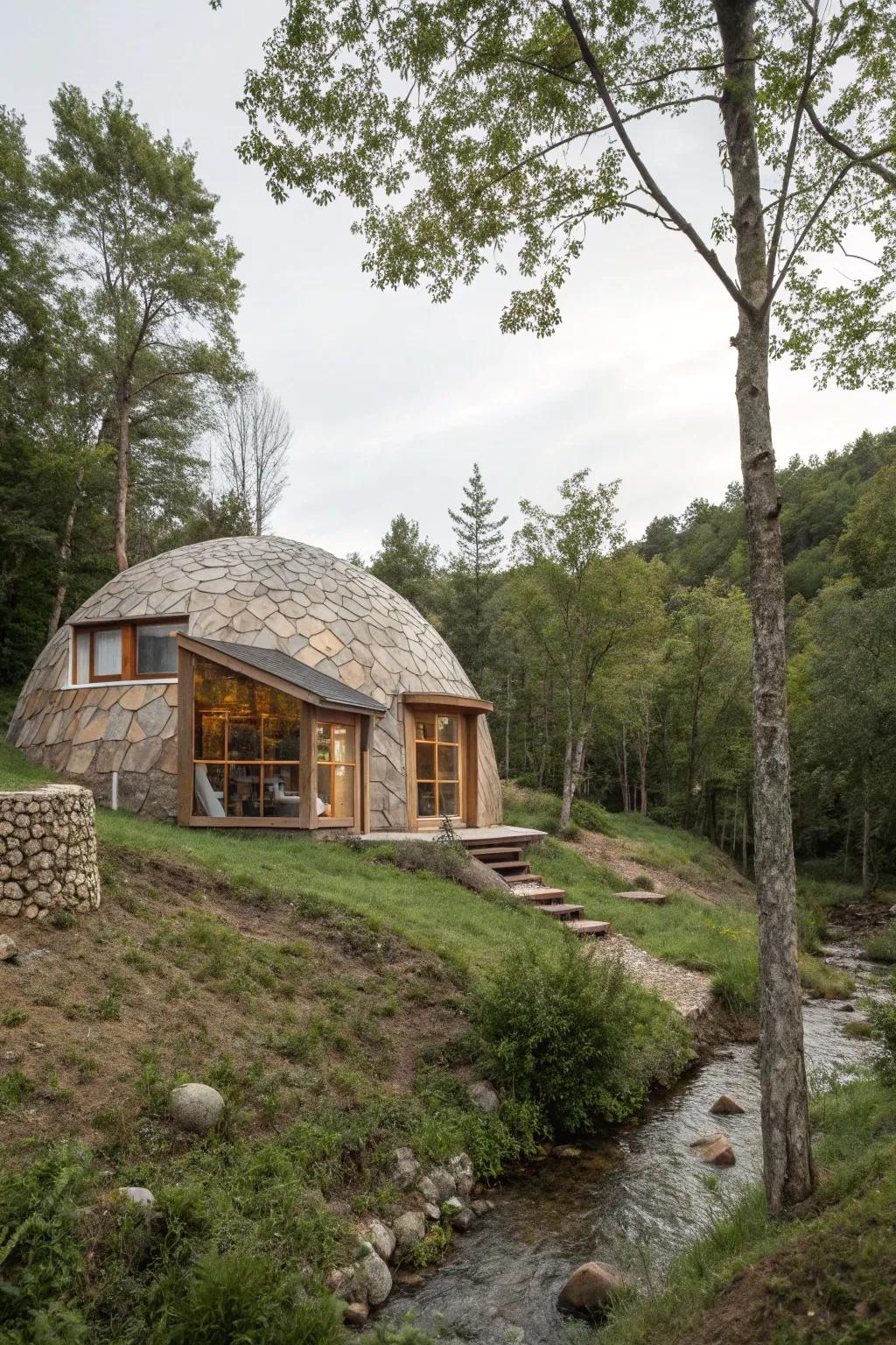 An eco-dome blending perfectly into its natural setting.