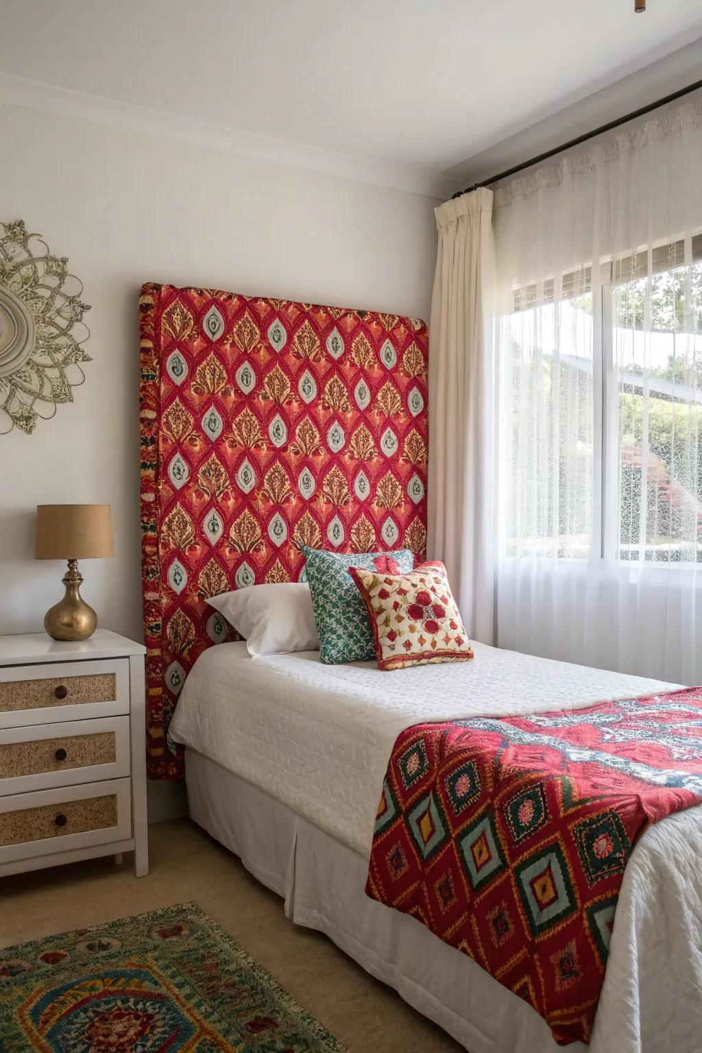 A striking headboard acts as a point, adding character to a small bedroom.