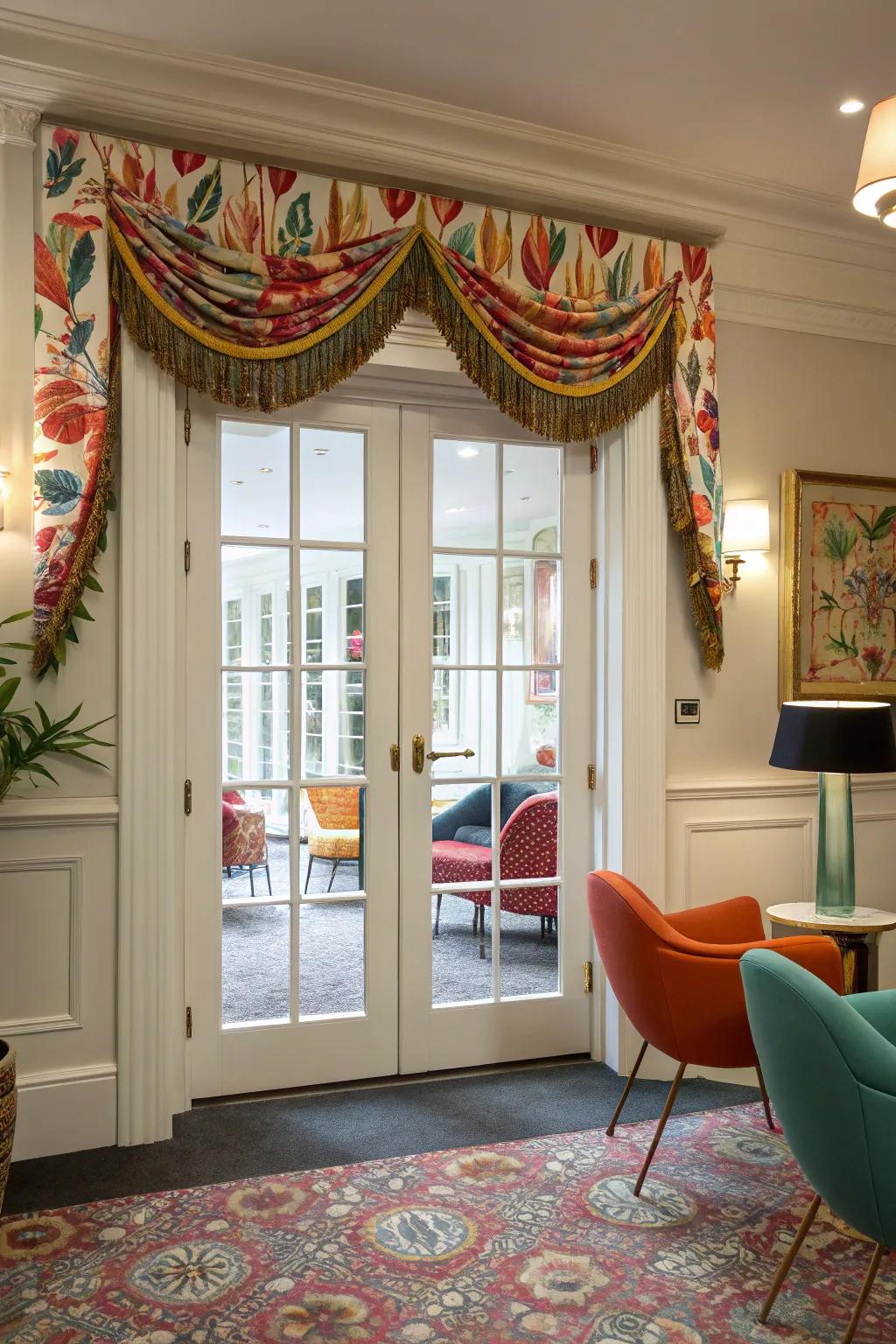 Valances offer a decorative accent and enrich French door aesthetics.