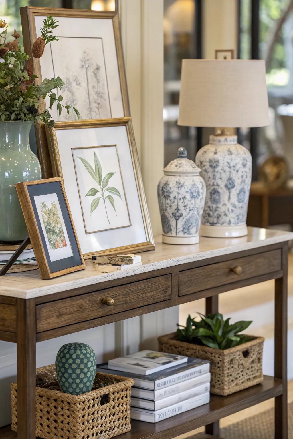 Skillfully layered art and decor add depth and dimension to the console table.