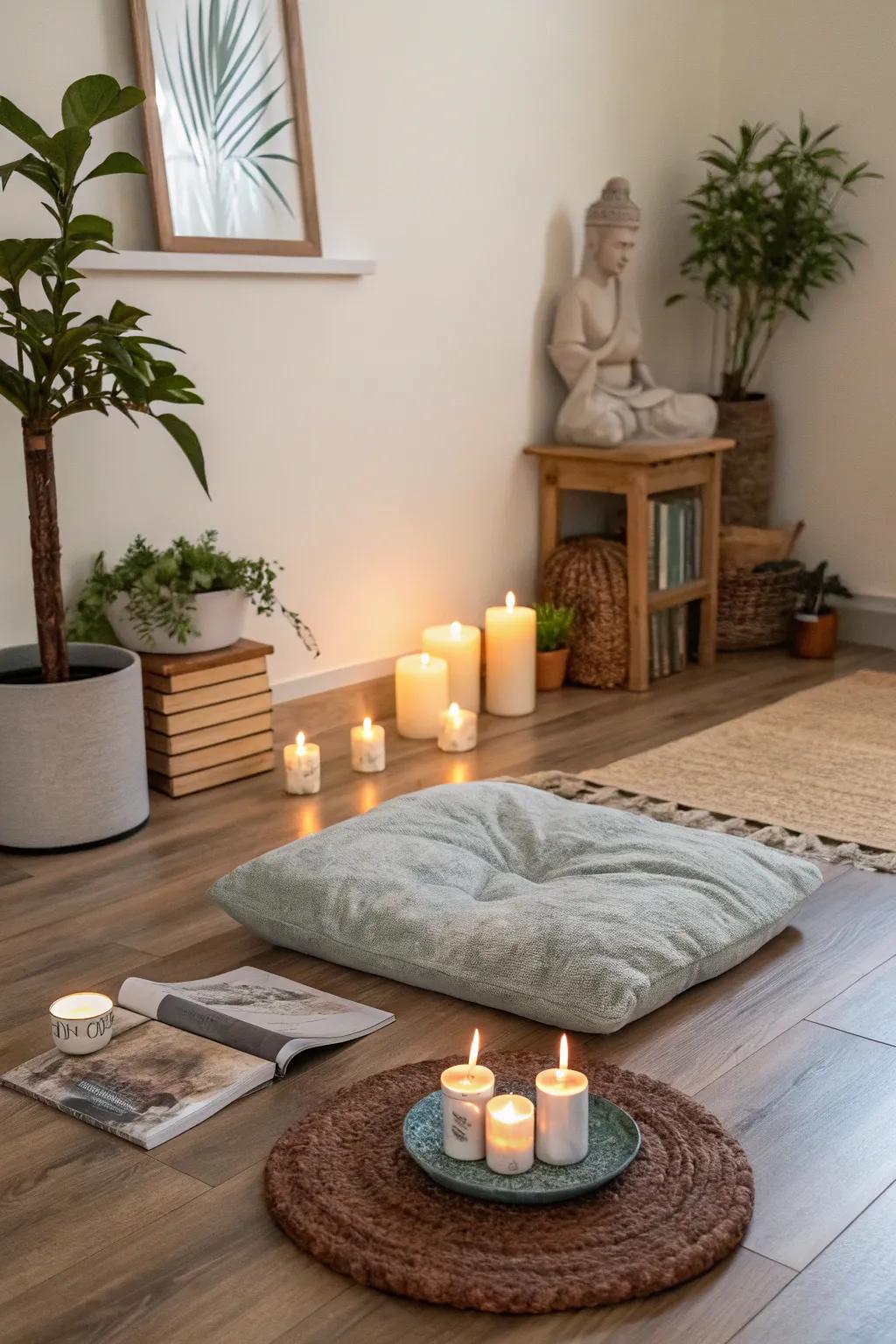 Design a peaceful meditation area in a home corner.