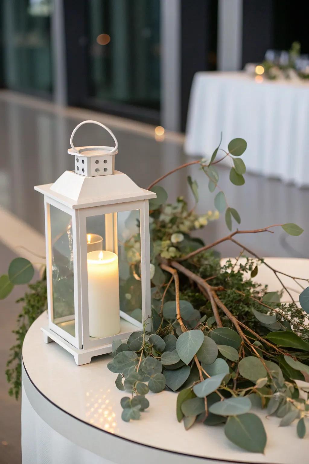 Elegant minimalist lantern with fresh greenery.