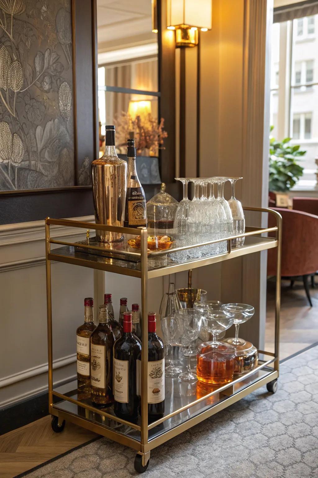 Unite elegance and purpose utilizing a chic corner drink trolley.