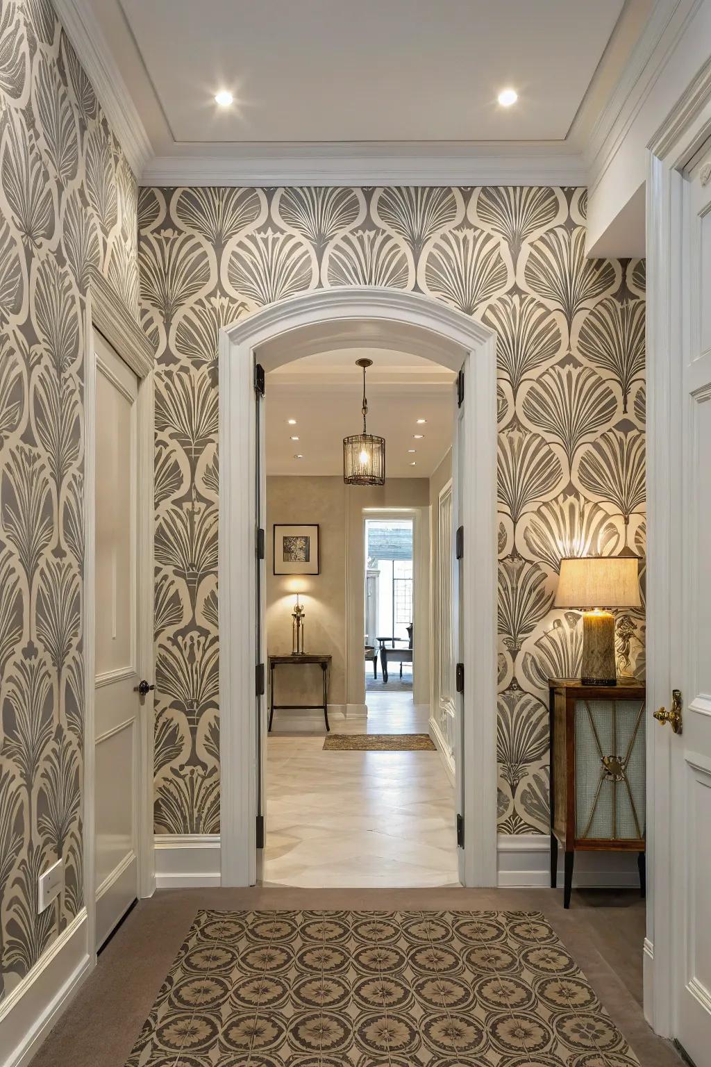 Distinct wallpaper adds visual intrigue and elevates the entryway.