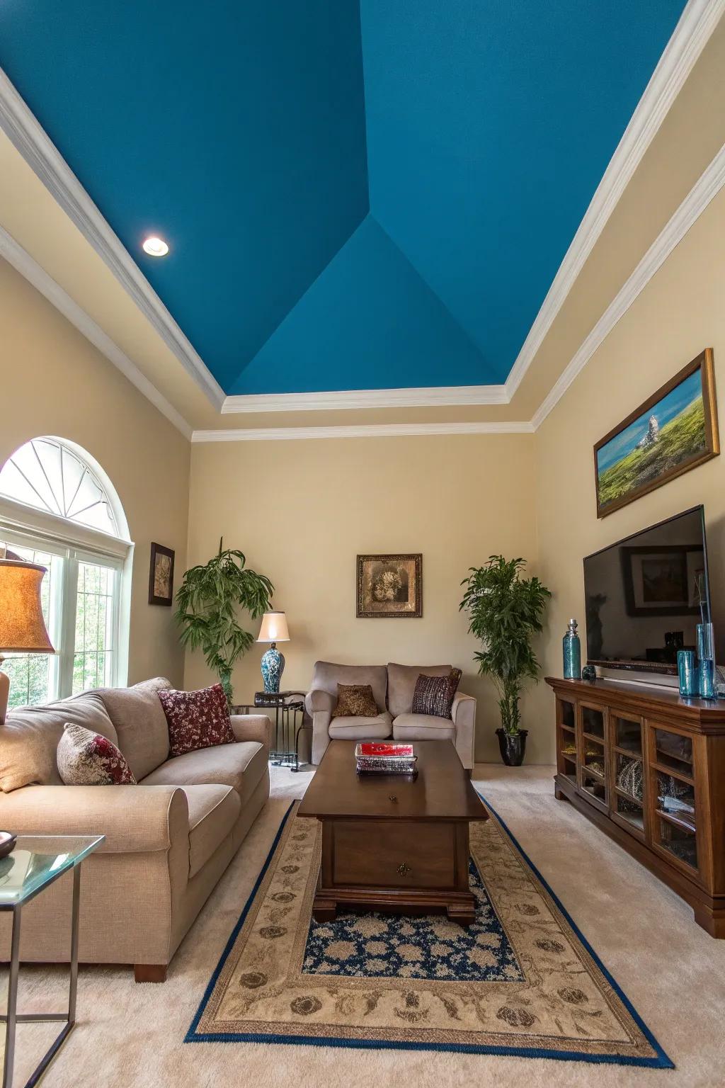 A bold ceiling color adds drama and interest to high-ceilinged rooms.