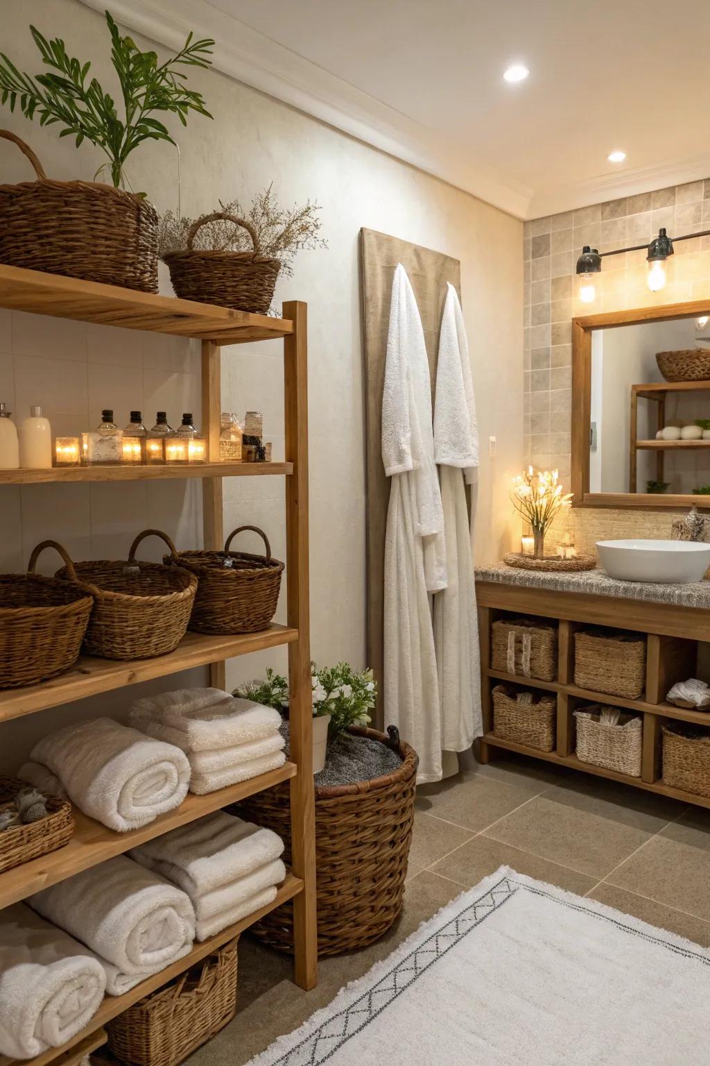 Baskets within bathrooms make a spa-like organized feel.