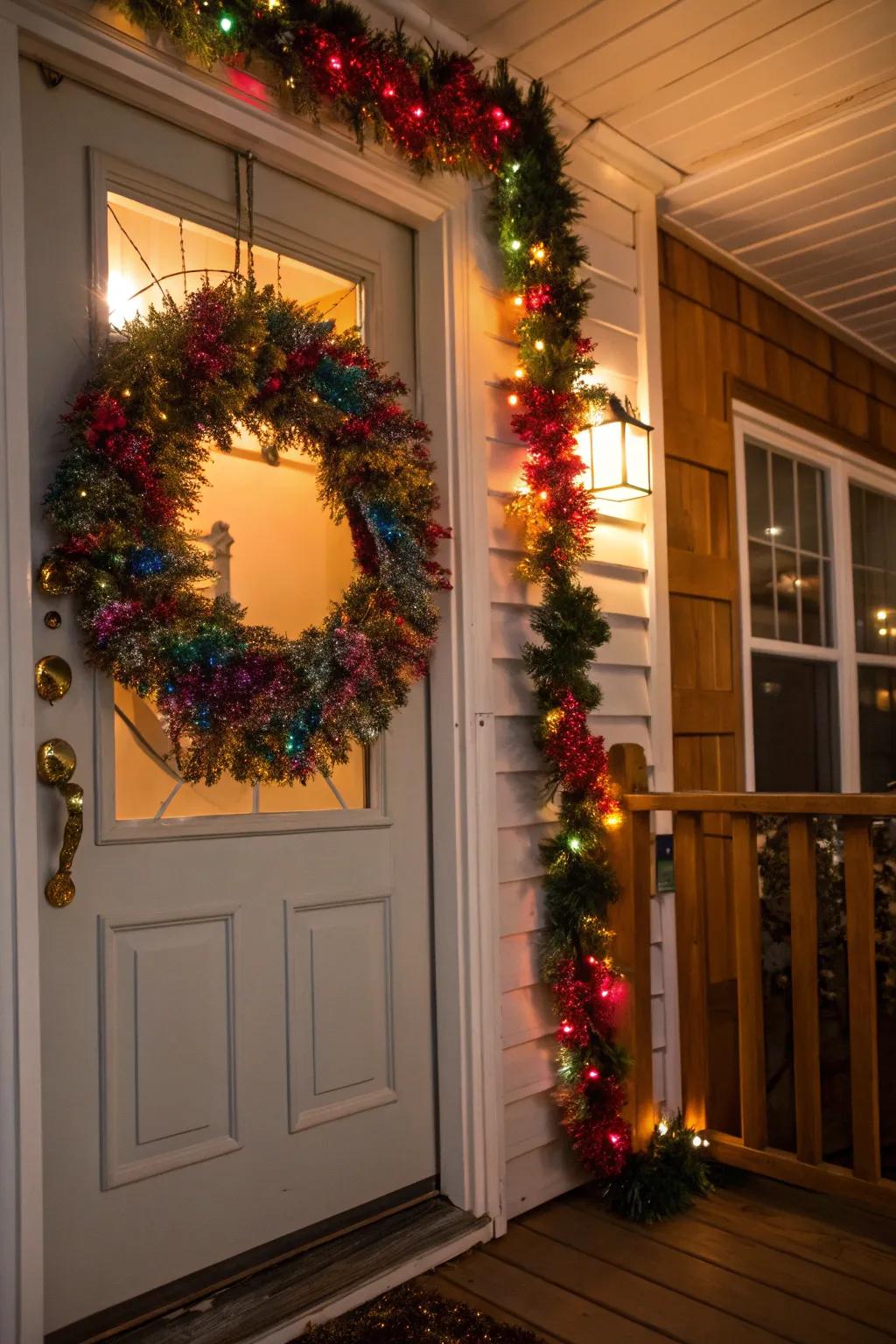 A holiday wreath enhanced with vibrant tinsel garland.