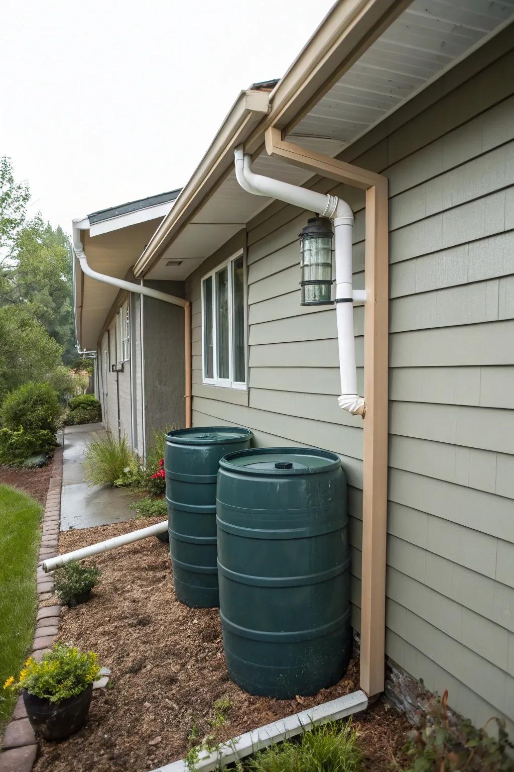 Rainwater collection tanks collect water for reuse, conserving resources.