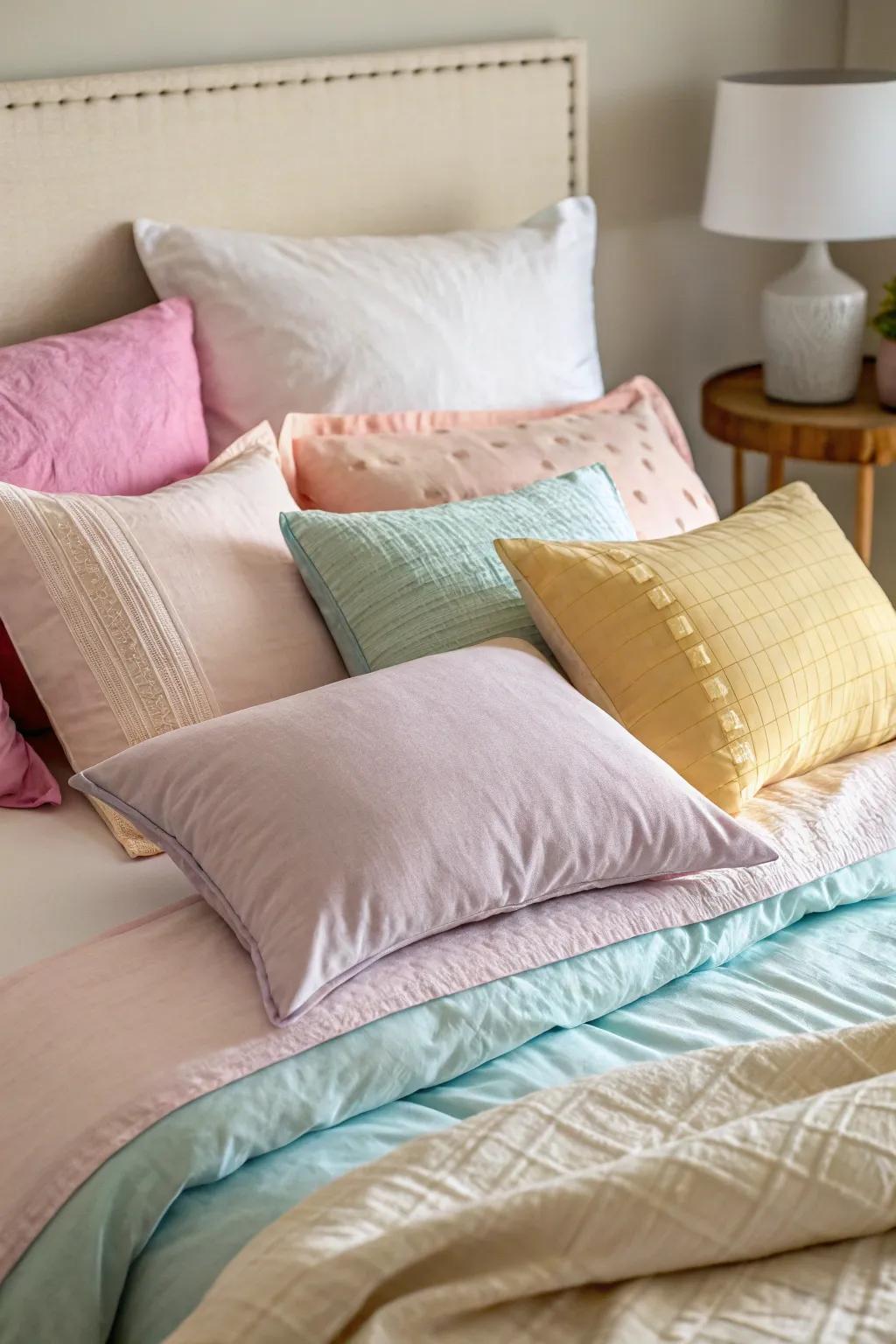 Varied pillow sizes create depth.