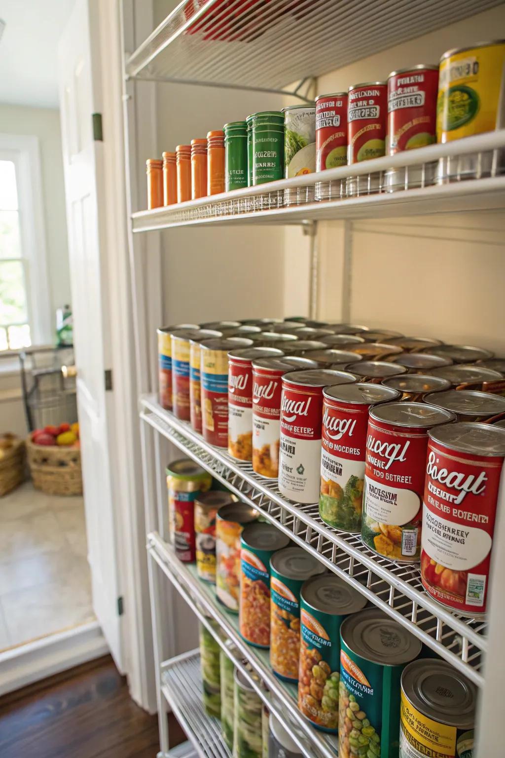 A canned edibles hanger skillfully arranges soup and vegetal cans.