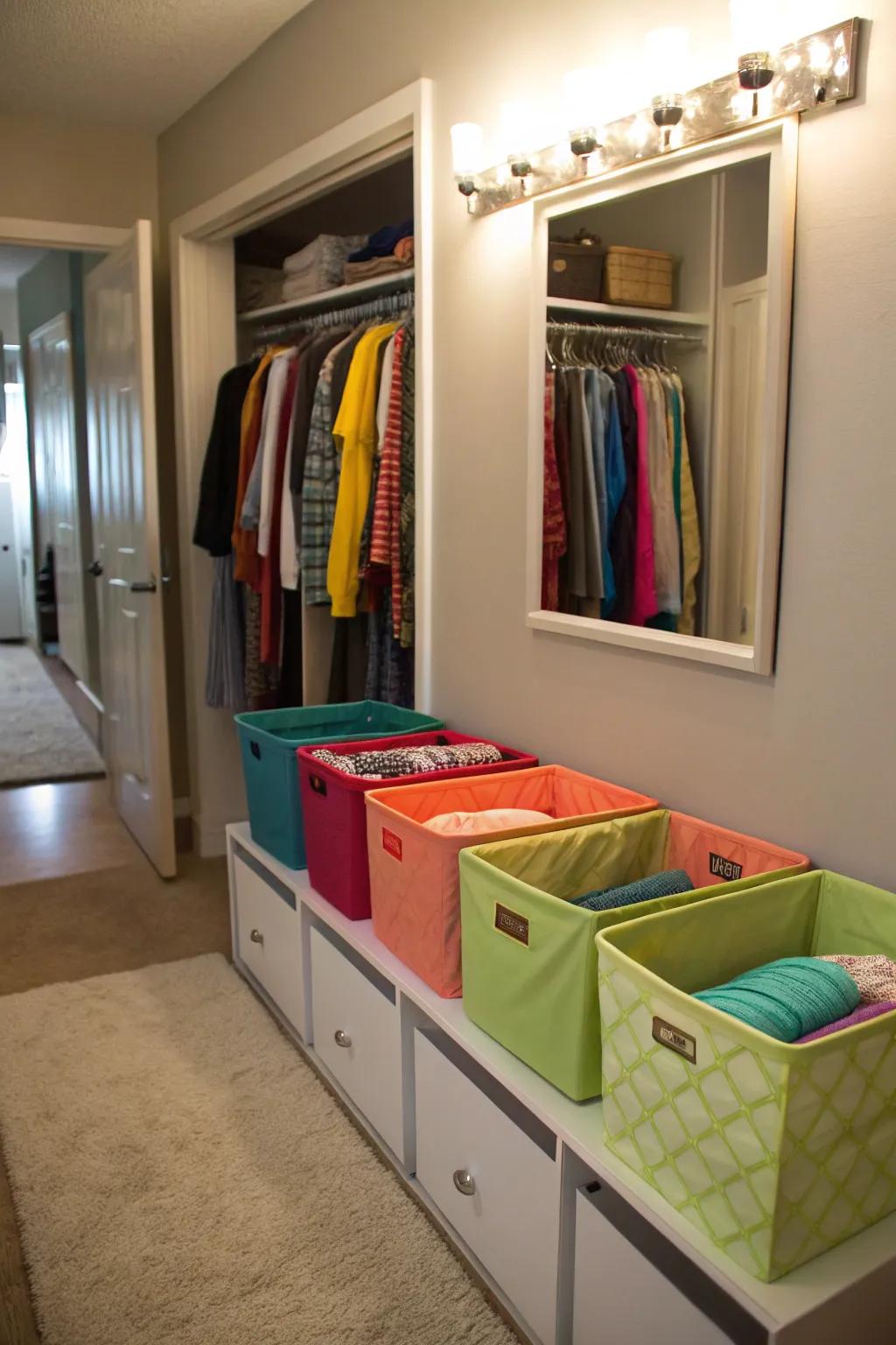 Fabric bins keep storage areas organized.