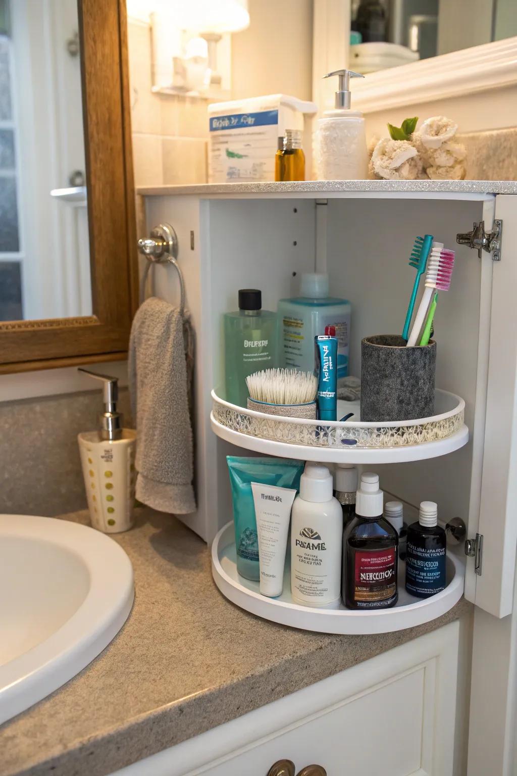 A rotating tray inside a cabinet makes it easy to get to items stored in the back.