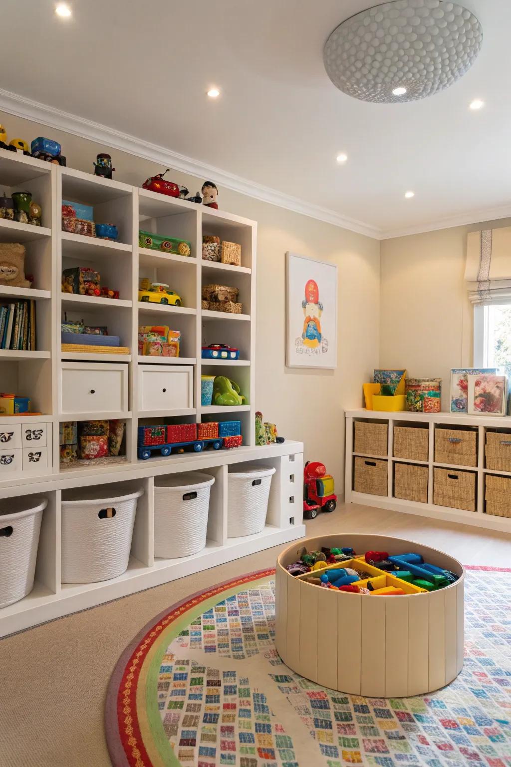 A rotating toy library keeps the play area new and manageable.