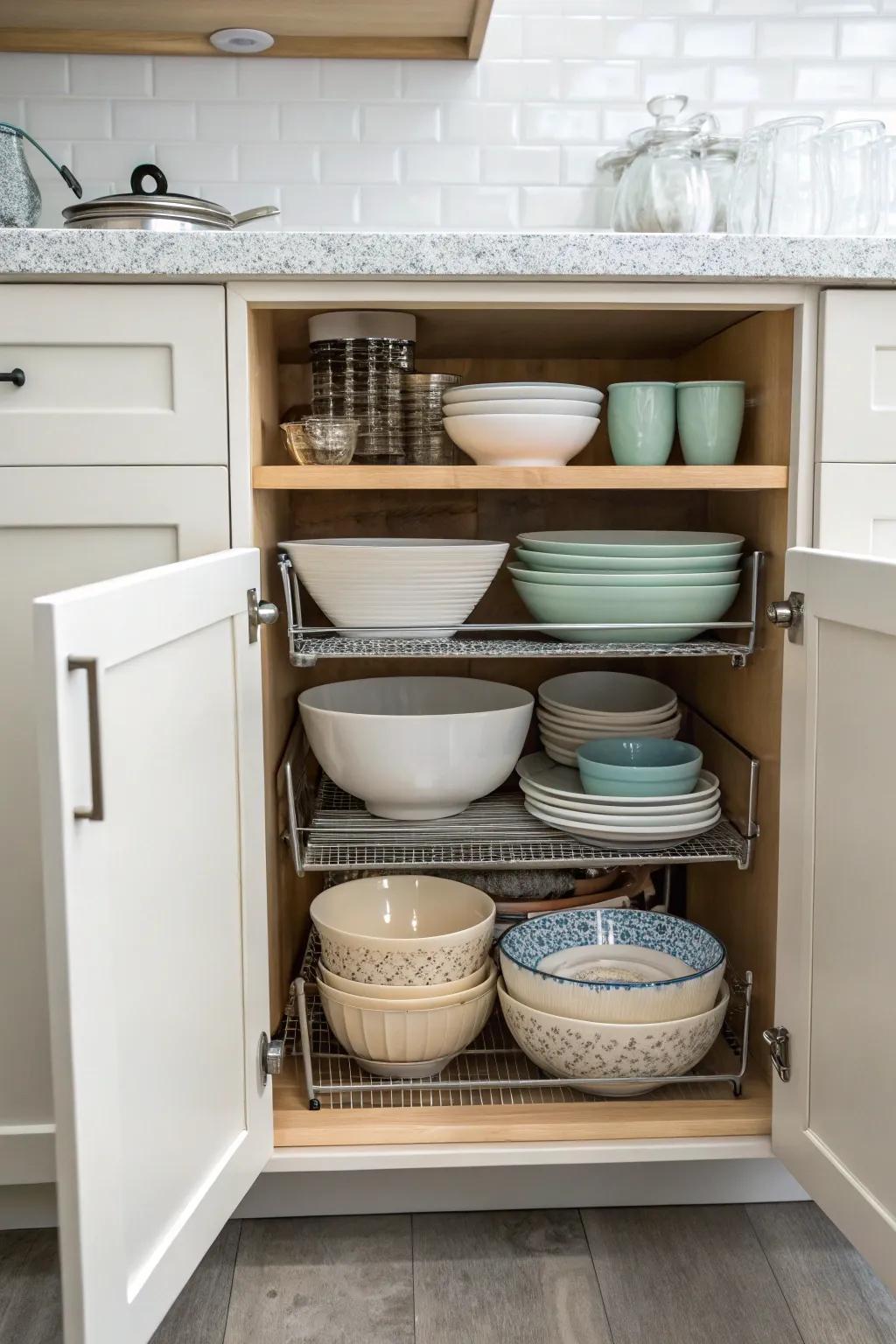 Nesting items enhances space efficiency in cabinets.