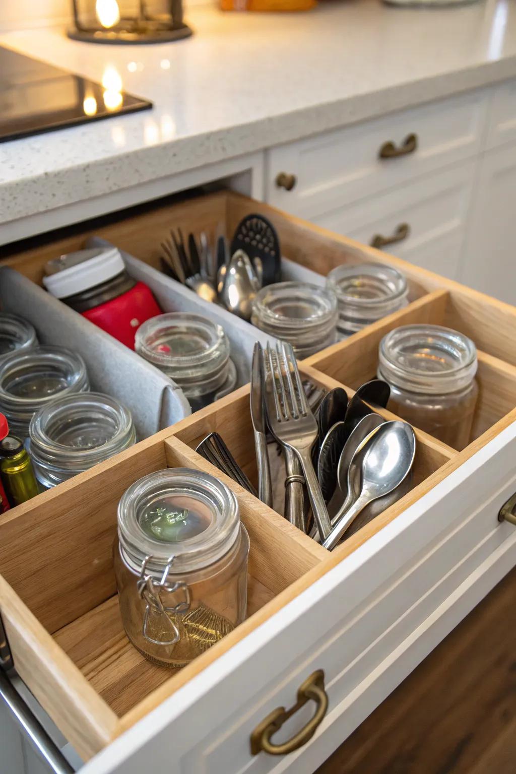 Mason jars creatively used for organizing utensils.