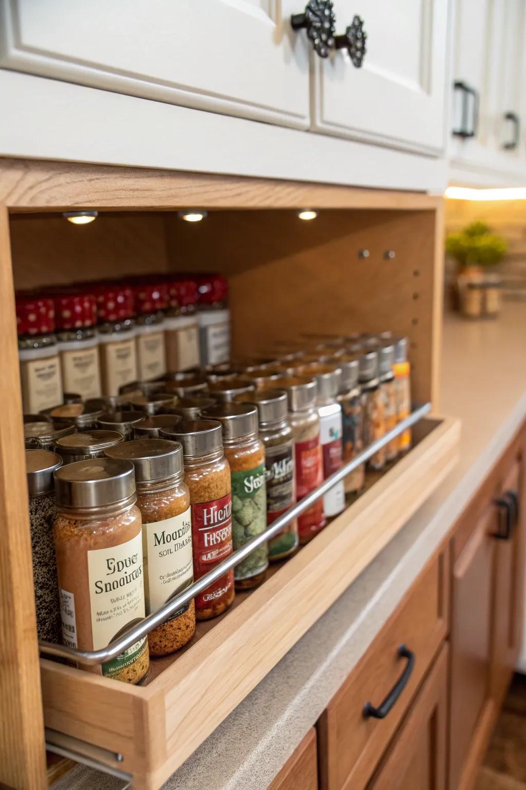 Under-shelf mounts cleverly hide and arrange spices.