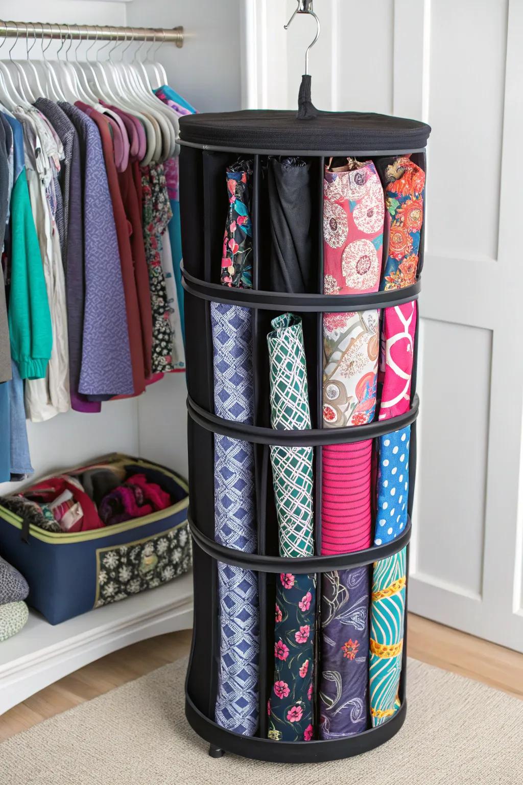 A rotating closet organizer revolutionizes leggings storage in tight spaces.