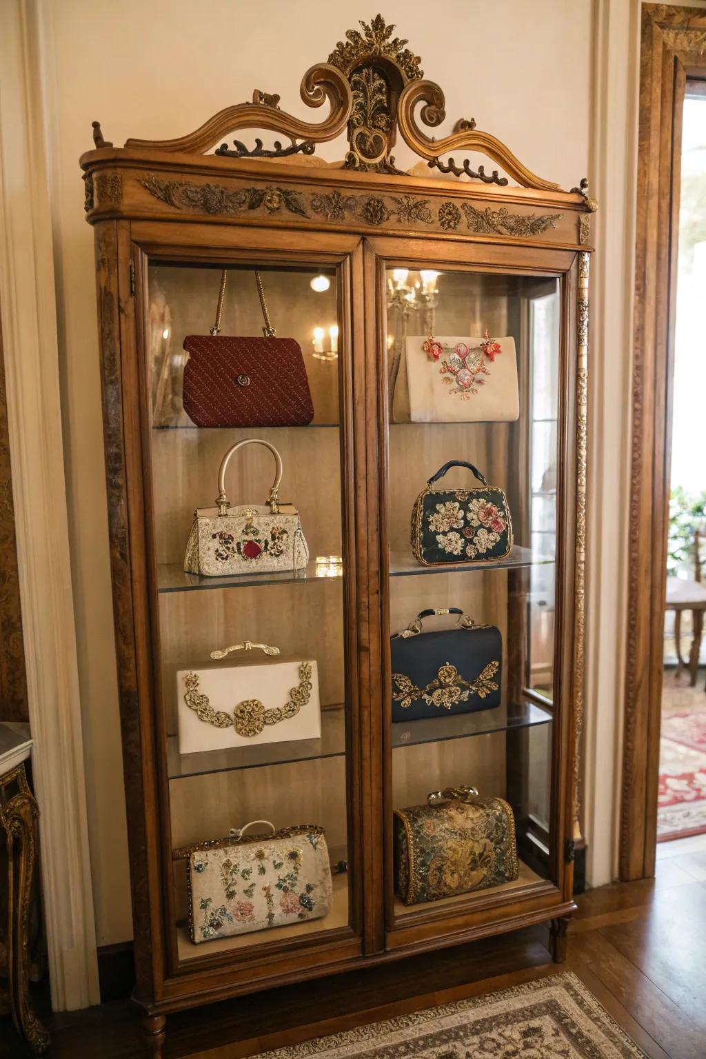 A vintage display cabinet elegantly storing and displaying handbags.