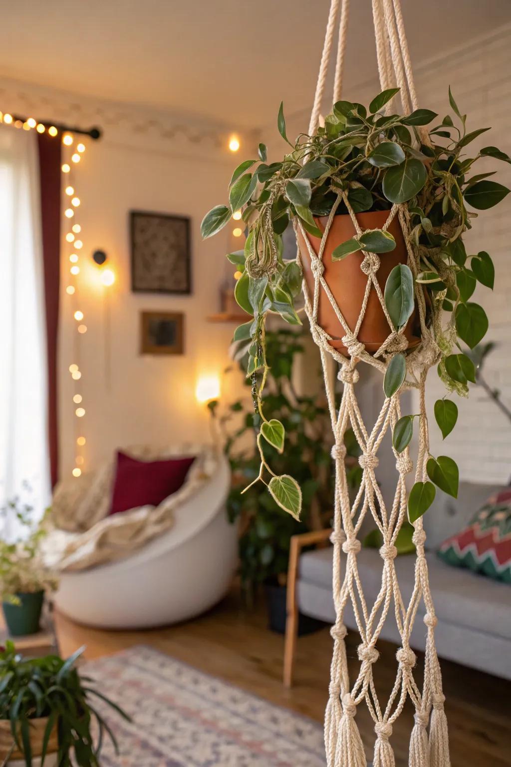 A bohemian-inspired abode featuring a Waxplant on a fiber art trellis.