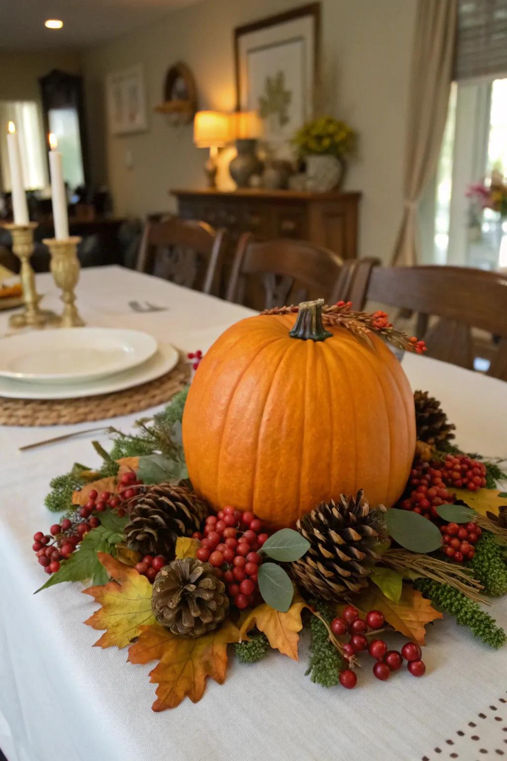 A nature-inspired pumpkin arrangement perfect for autumn centerpieces.