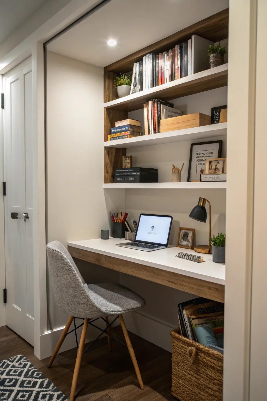 Craft a functional and discreet office space with built-in shelves.