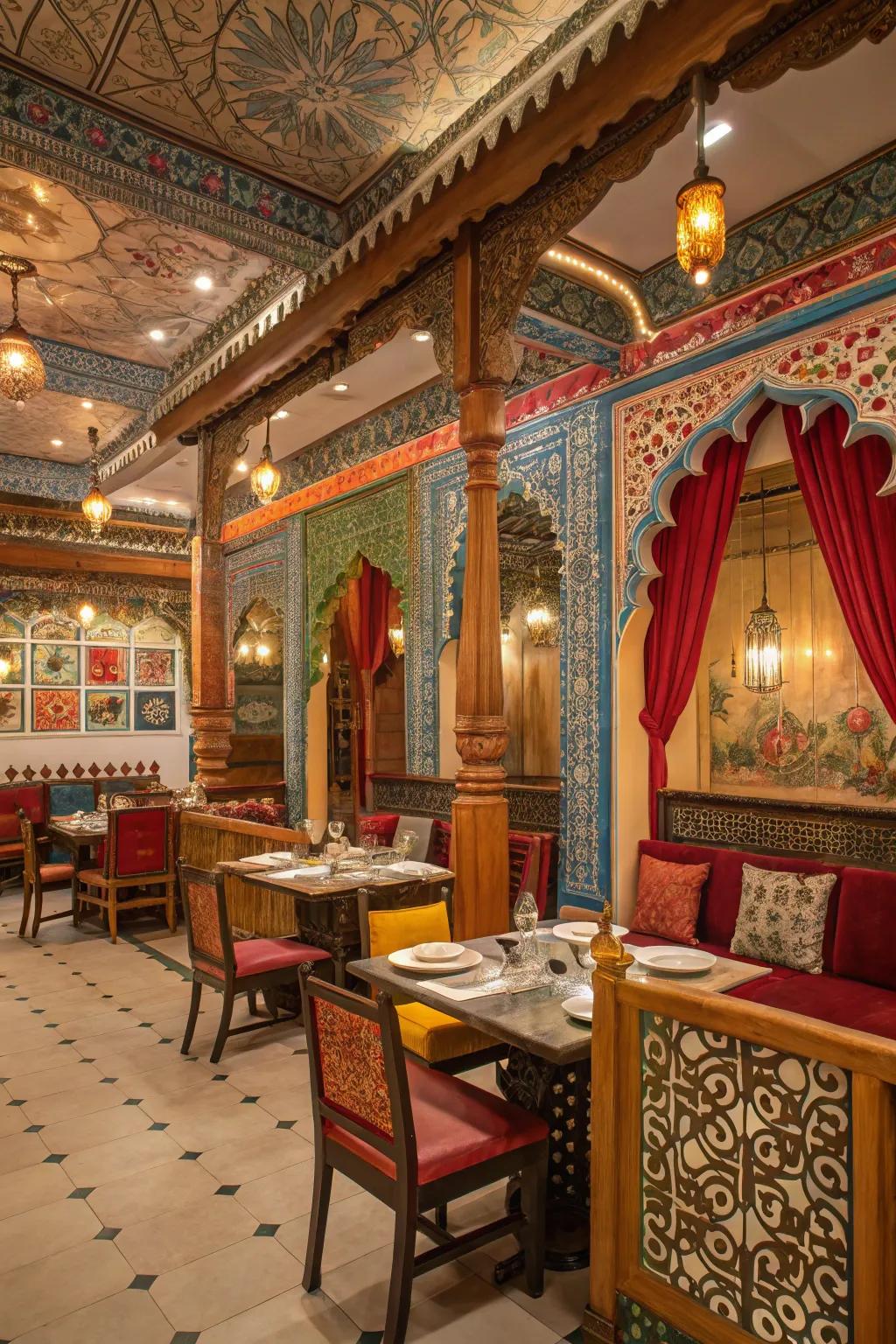 Cultural motifs integrated into the decor of an Indian restaurant.