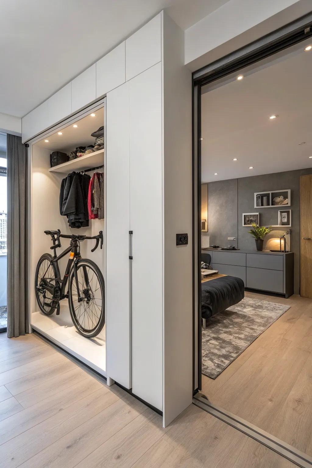 A closet converted into secret bike storage keeps things tidy.