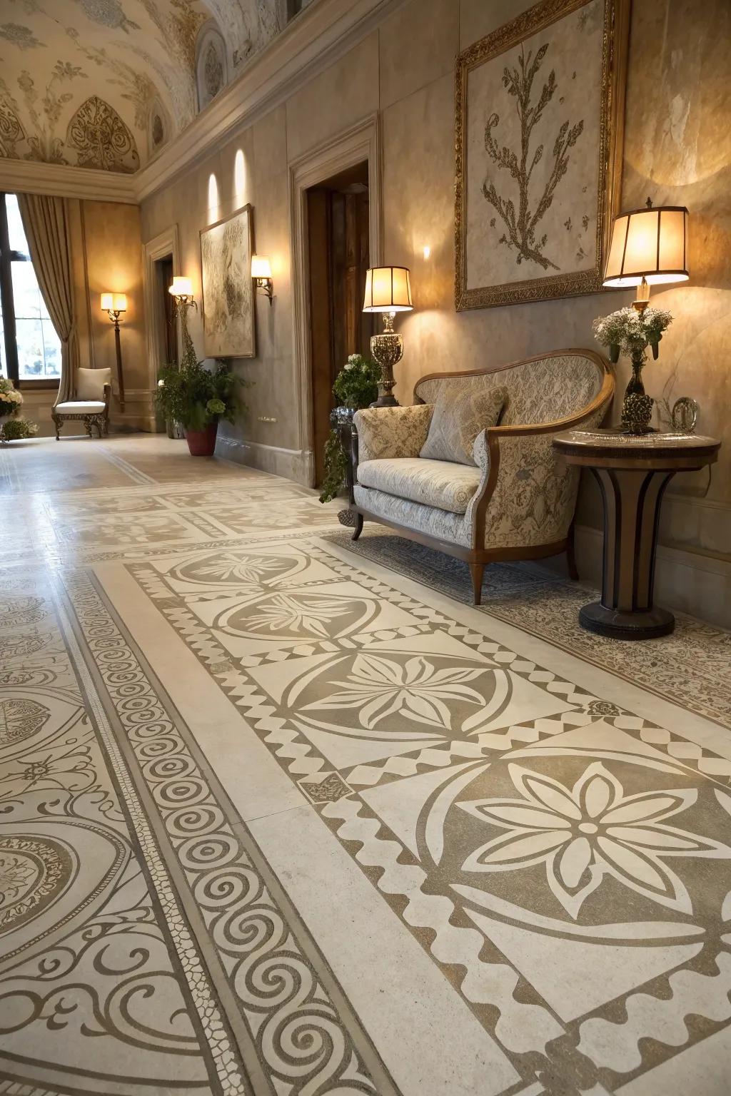 Custom stenciled designs add a personal touch to concrete floors.