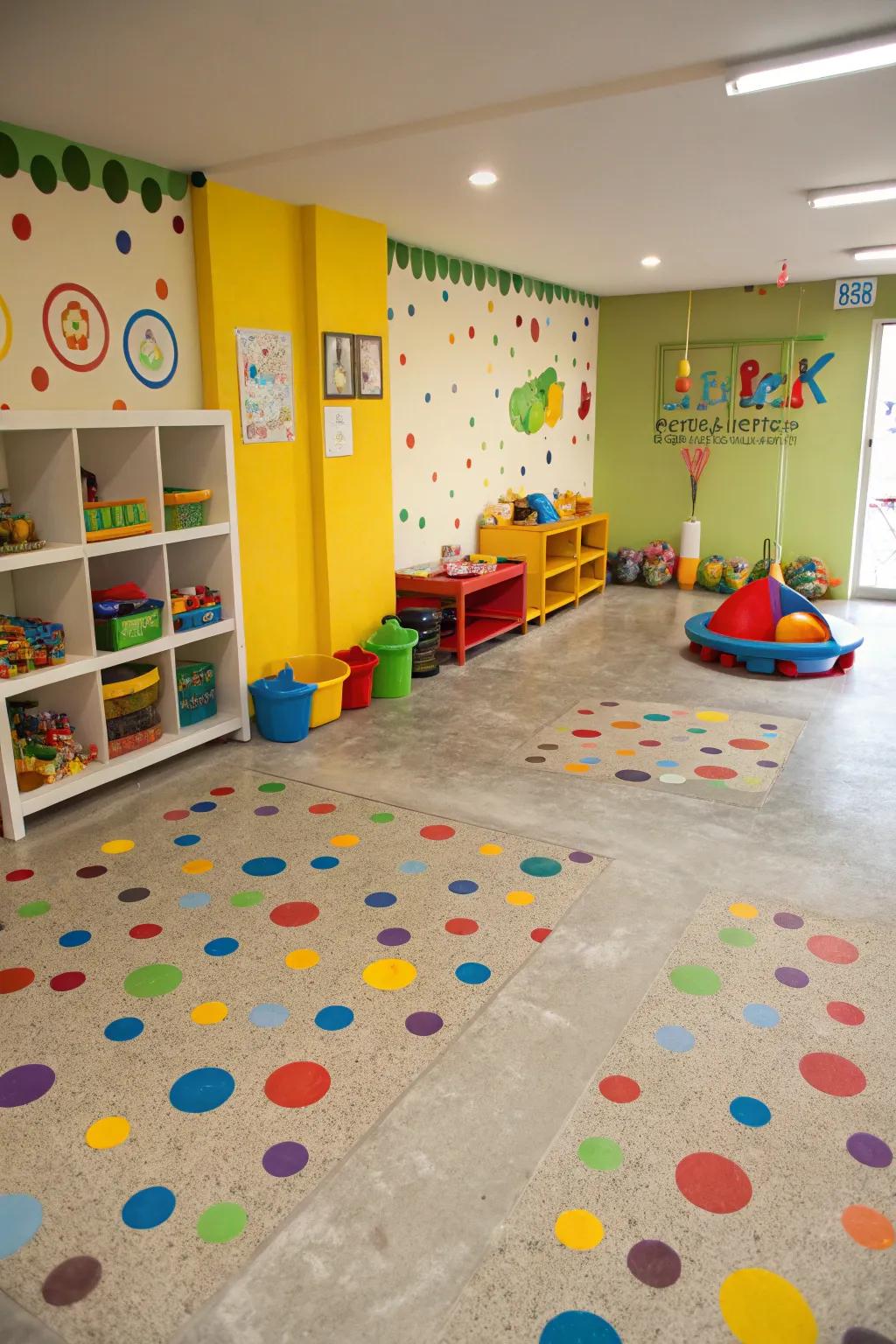 Playful polka dots on a concrete floor bring a cheerful vibe to this children's playroom.