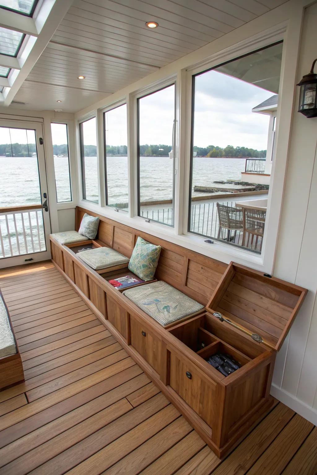 Built-in benches provide storage and seating on this indoor deck.