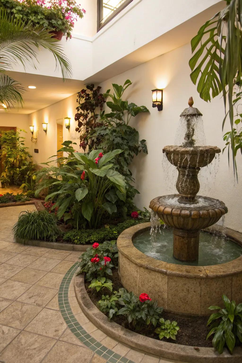 A water feature adds a calming ambiance to your indoor patio.