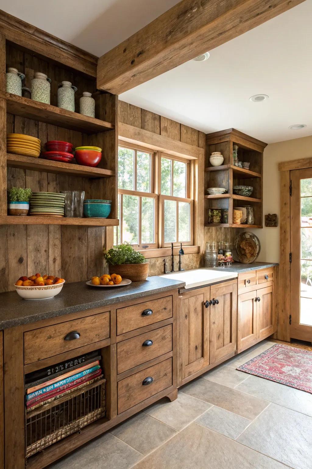 Open shelving highlights rustic charm and practicality.