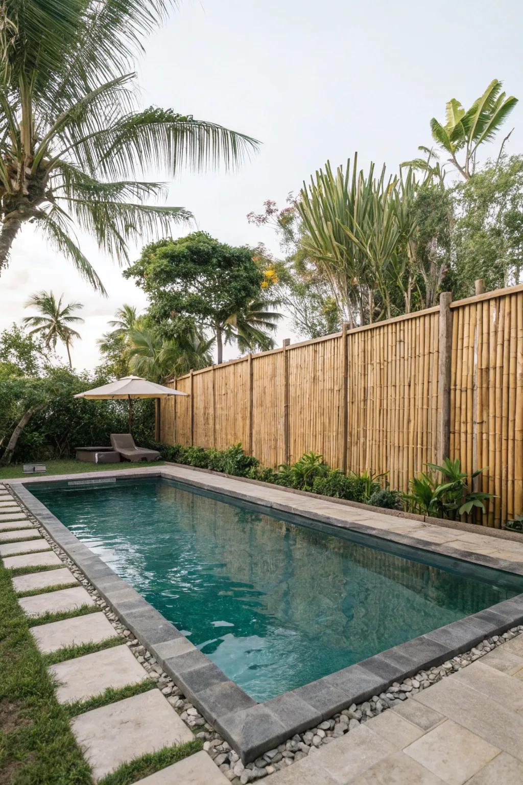 Vegetation surrounds introduce a tropical ambiance to pool settings.