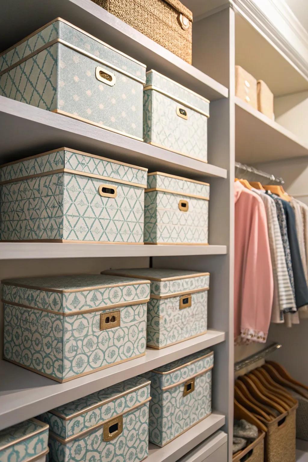 Make your closet look neat with decorative storage boxes.