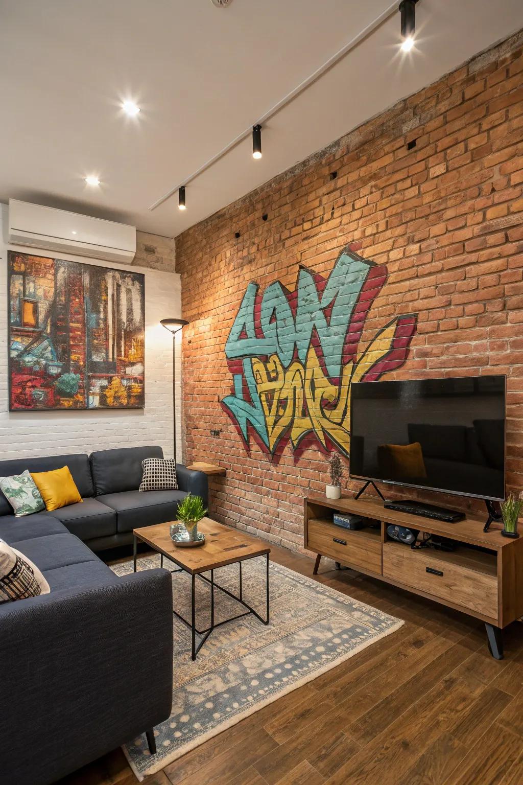 A bold living room with a brick wall featuring vibrant graffiti art, creating an edgy visual impact.