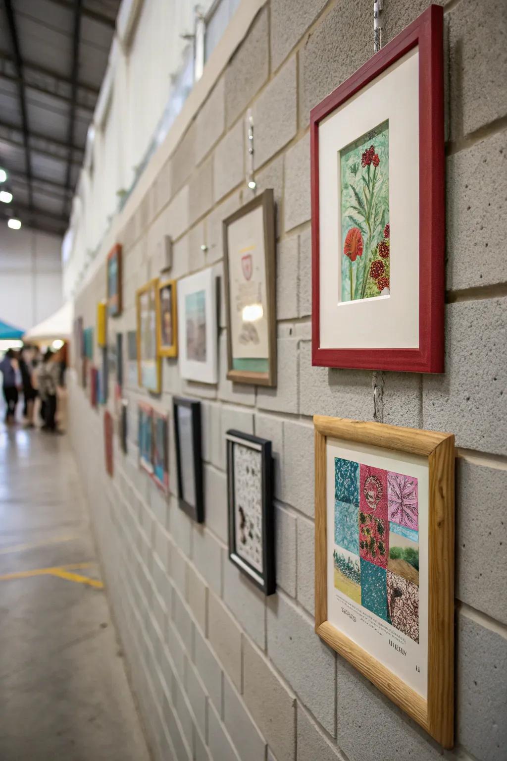 A gallery wall display on a cinder block surface.