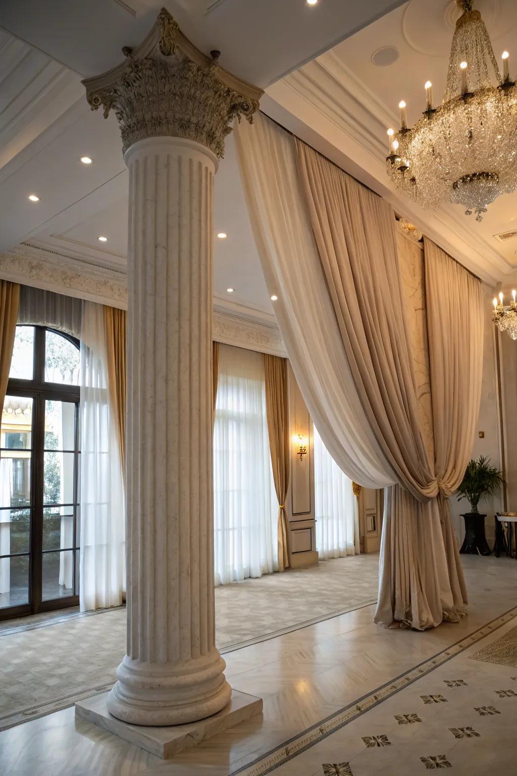 Drapes soften and frame columns.