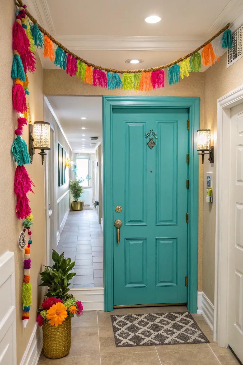 A vibrant sky-blue door adds energy to the entrance.
