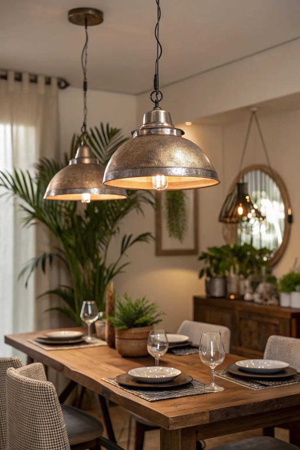 Metallic pendant lights supplementing glamour to a dining space.