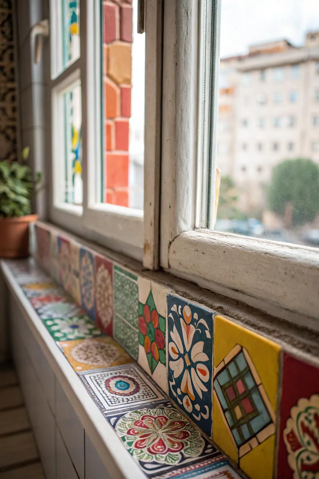 A window sill adorned with colorful tiles, bringing an eclectic and creative touch.