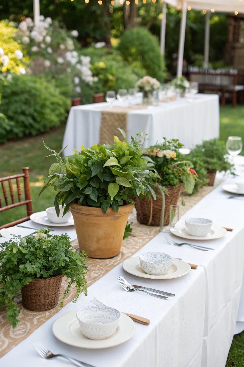 Sustainable potted plants serve as beautiful table centerpieces.