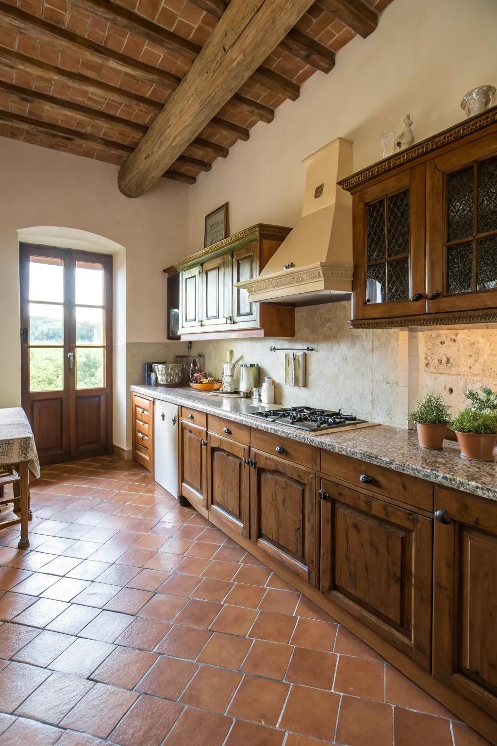 Terracotta tiles give a classic Italian touch to the floor.