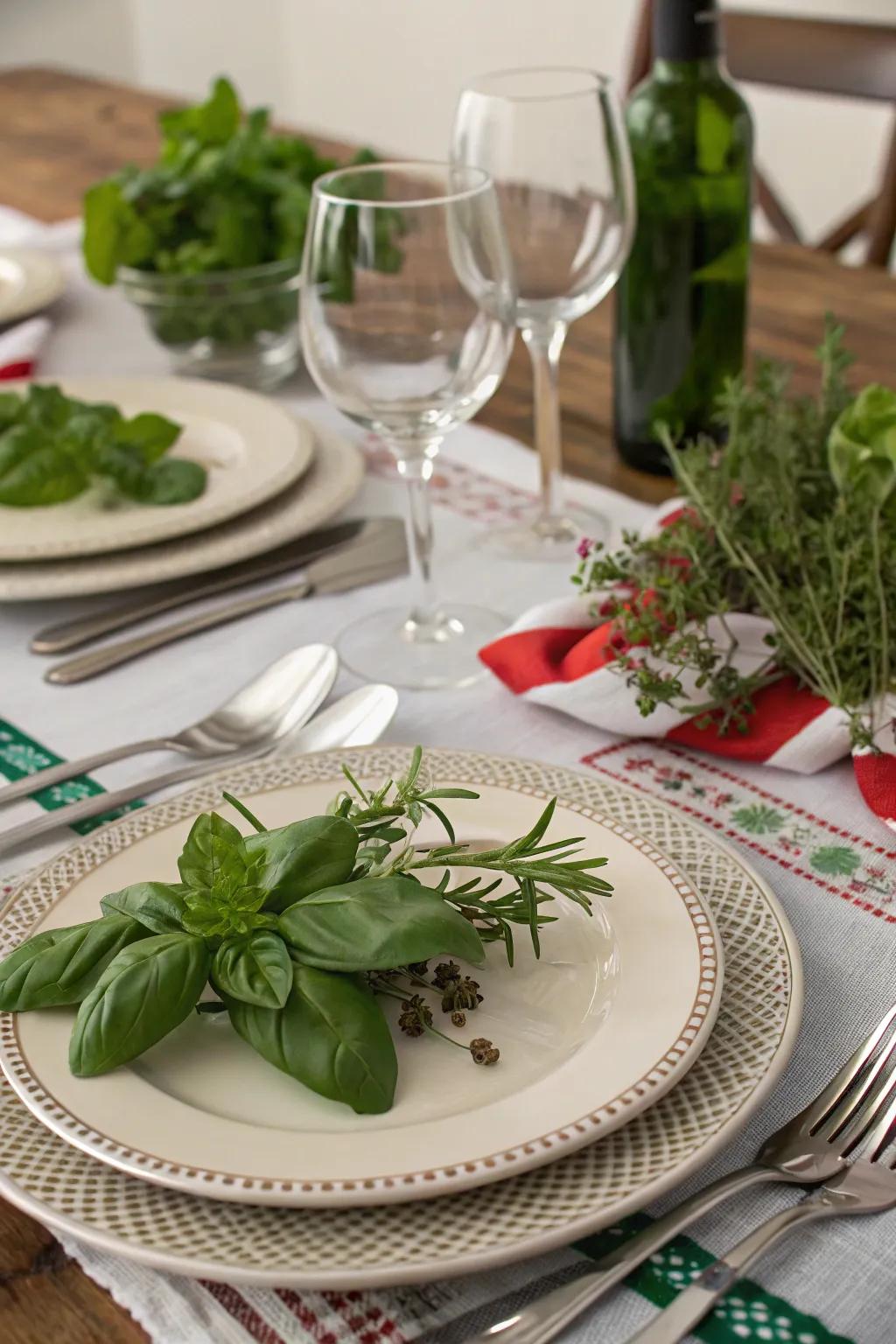Herbs contribute a fragrant and decorative touch.