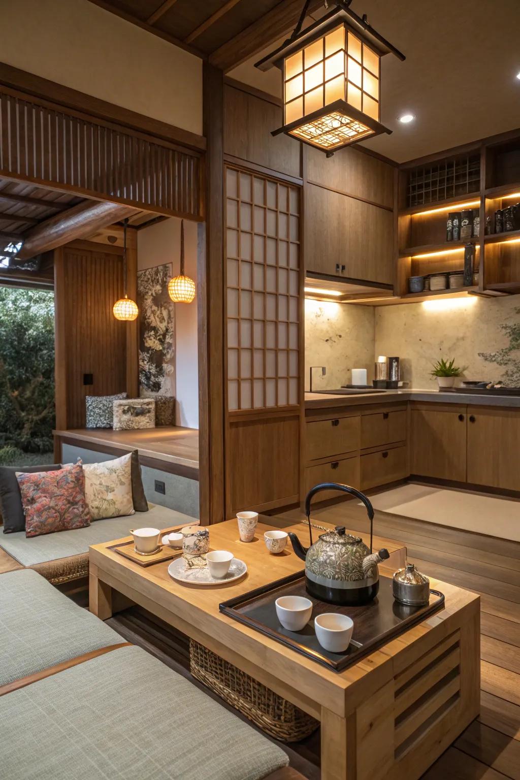 A tea nook brings Japanese tradition into this kitchen.